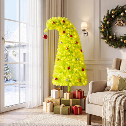 Pre-Lit Christmas Tree, Slim Artificial Xmas Tree with Curved Top Neon Chartreuse PVC Foliage, Warm White LEDs, 8 Light Modes, Pre-Decorated with Baubles, Metal Base for Indoor Use Visit the TANGZ