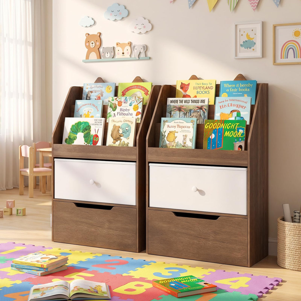 Kids Bookshelf, Wooden Children Bookcase with Drawer