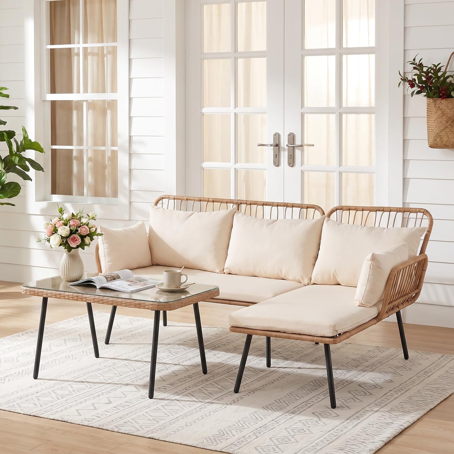 3-Piece Patio Furniture Set with Coffee Table and L-Shaped Sectional Sofa