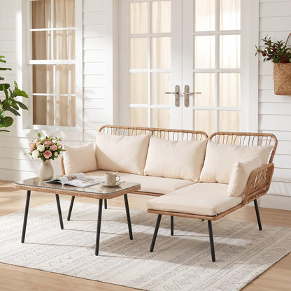 3-Piece Patio Furniture Set with Coffee Table and L-Shaped Sectional Sofa