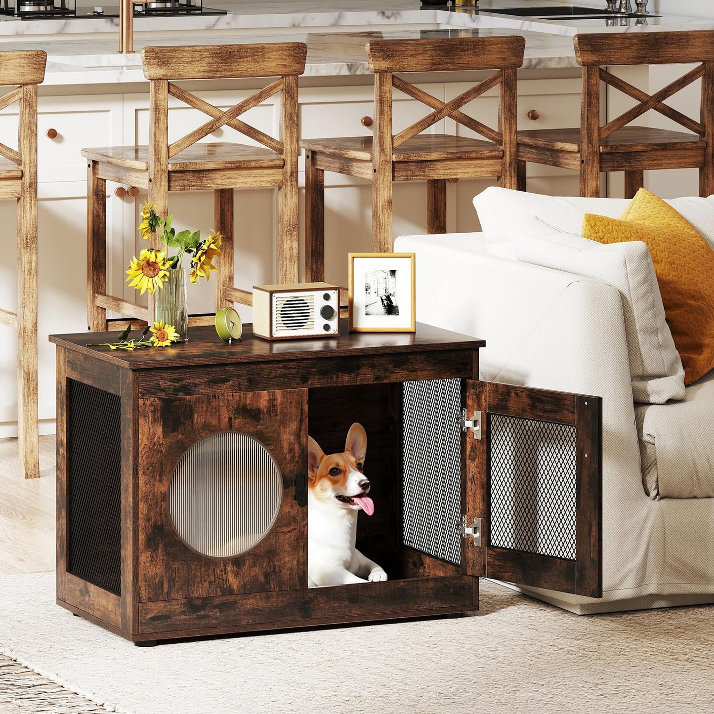 Dog Crate Furniture with Metal Mesh & Translucent Window for Small Medium Dogs
