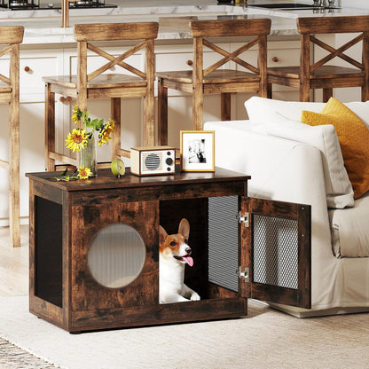 Dog Crate Furniture with Metal Mesh & Translucent Window for Small Medium Dogs