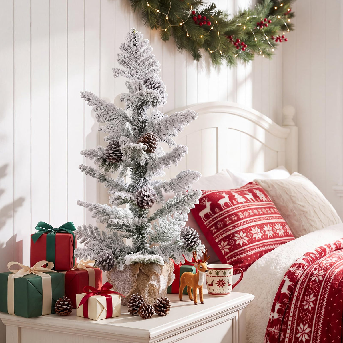 90CM/3FT Artificial Mini Christmas Tree, Snow Flocked Pre-Decorated Tabletop Xmas Tree