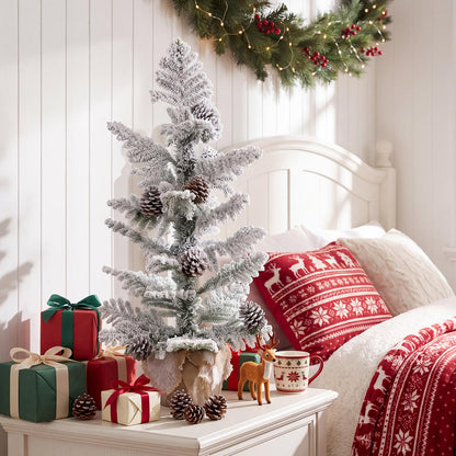 90CM/3FT Artificial Mini Christmas Tree, Snow Flocked Pre-Decorated Tabletop Xmas Tree