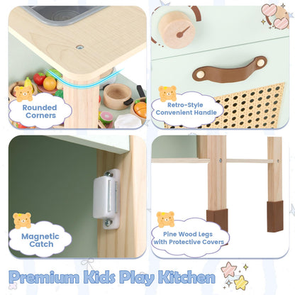 Kids Play Kitchen Wooden Pretend Kitchen Playset with Rattan Doors Wood Legs