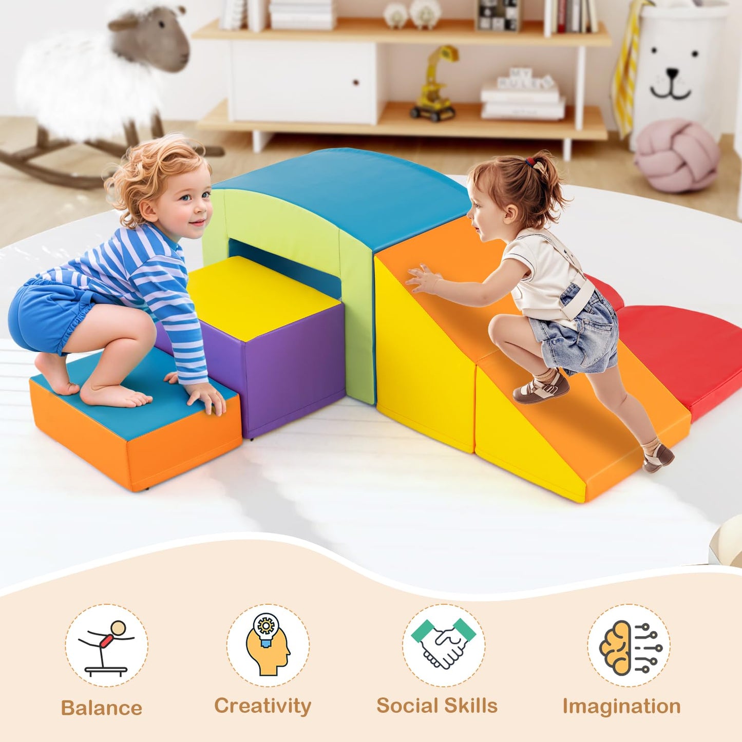 6 Pieces Foam Climbing Blocks Soft Play Climbing for Toddlers with Tunnel