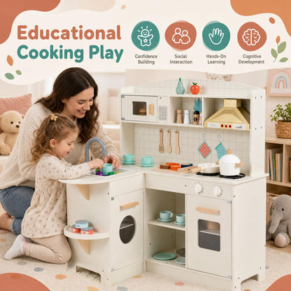 Wooden Play Kitchen with Lights and Sounds for Toddlers Ages 3+