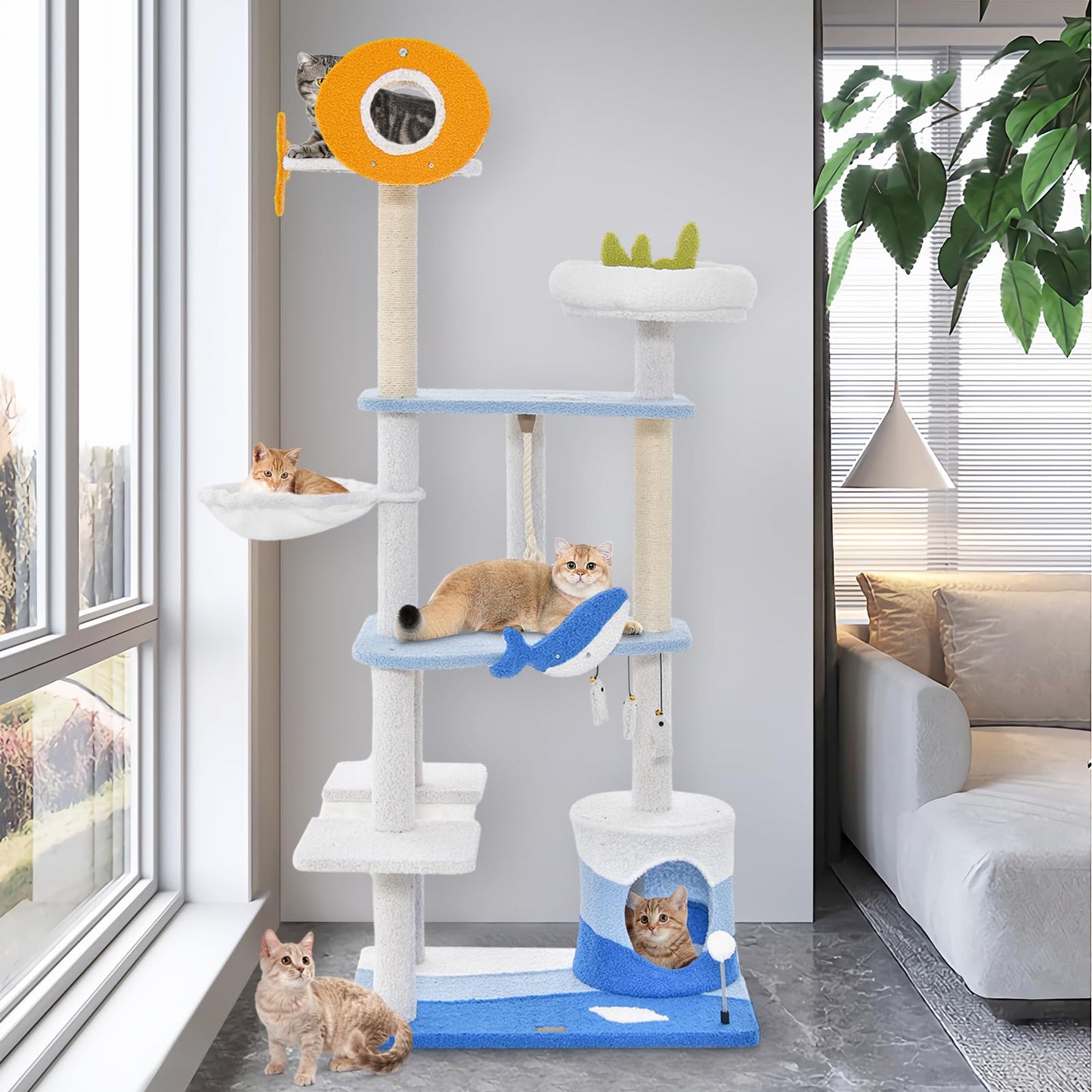 Ocean-themed Cat Tree Tower with Sisal Covered Scratching Posts
