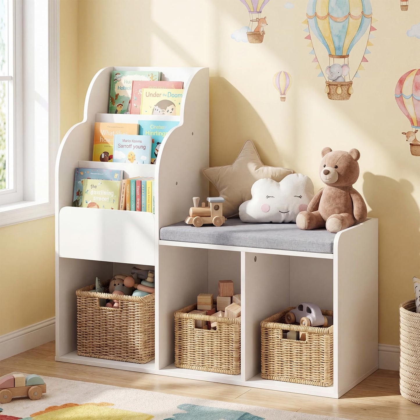 Kids Reading Nook with Bench Wooden Toddler Bookcase with 3 Storage Cubbies
