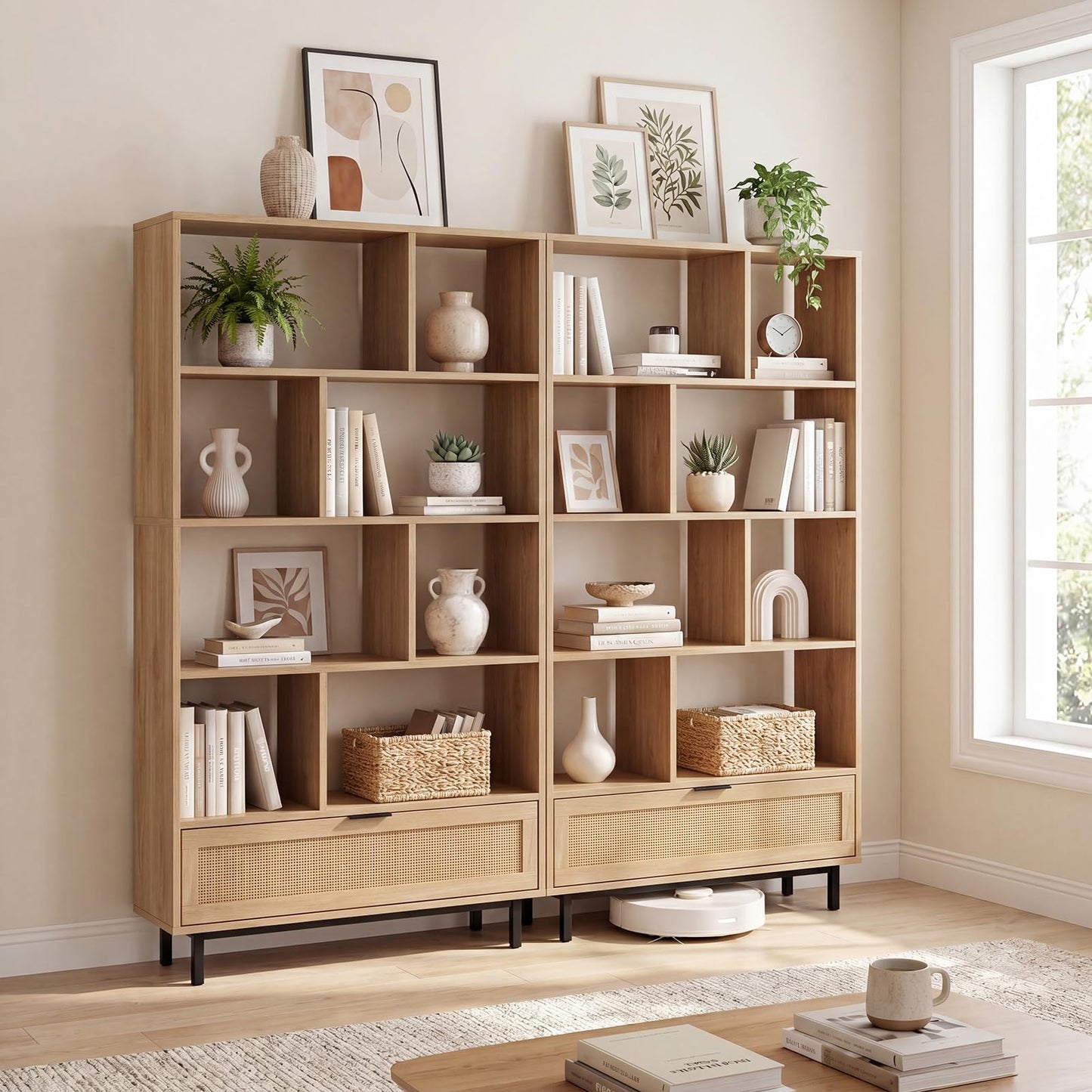 162 cm Tall Wooden Bookcase, 6-Tier Geometric Bookshelf with Drawer