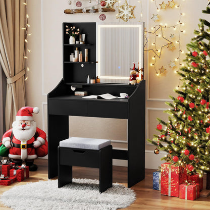 Dressing Table with LED Mirror and Cushioned Storage Stool