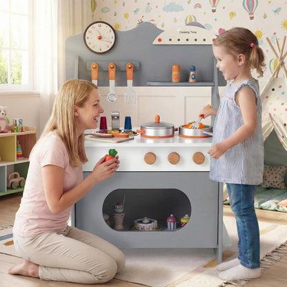 Pretend Play Toy Kitchen Set with Clock Stove Spice Rack for Aged 3+