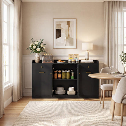 140cm Buffet Sideboard, Tilt Out Trash Can Cabinet with Glass Doors