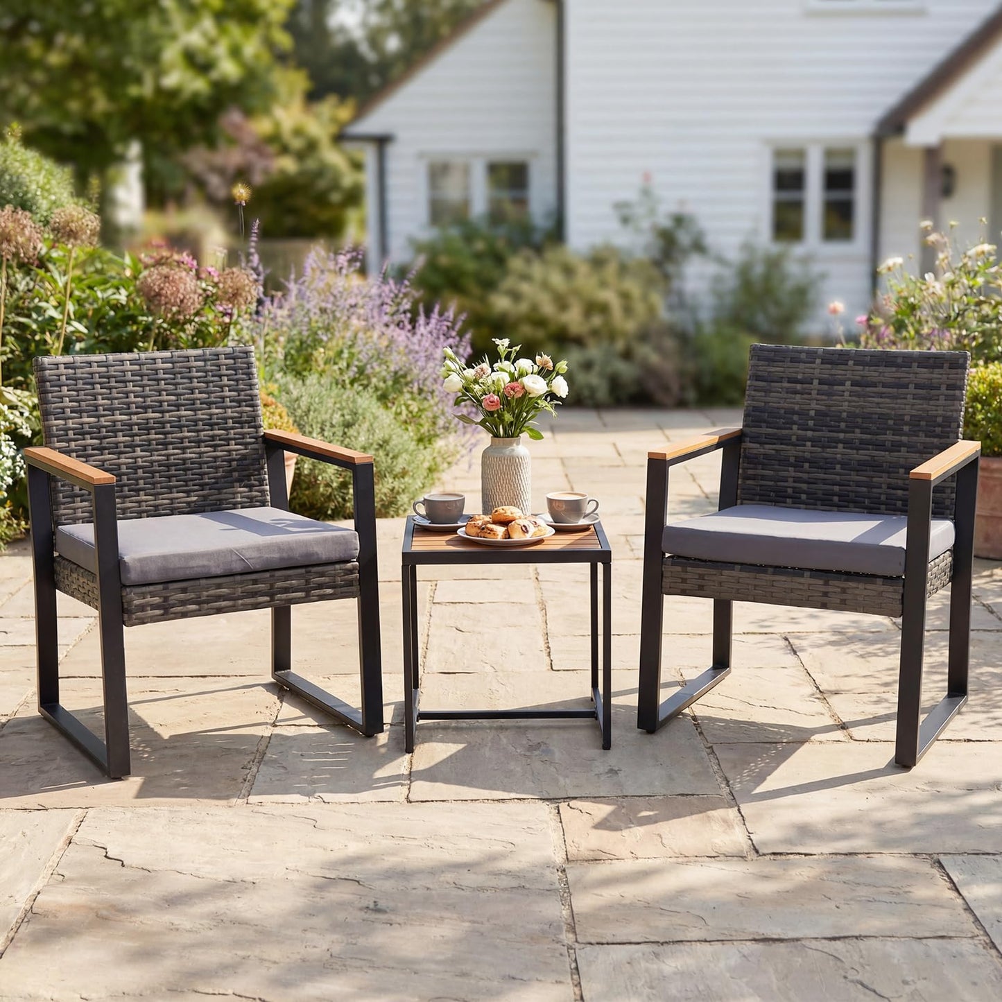 3 Pieces Patio Rattan Bistro Set, PE Wicker Garden Furniture Set with Soft Cushion and Side Table