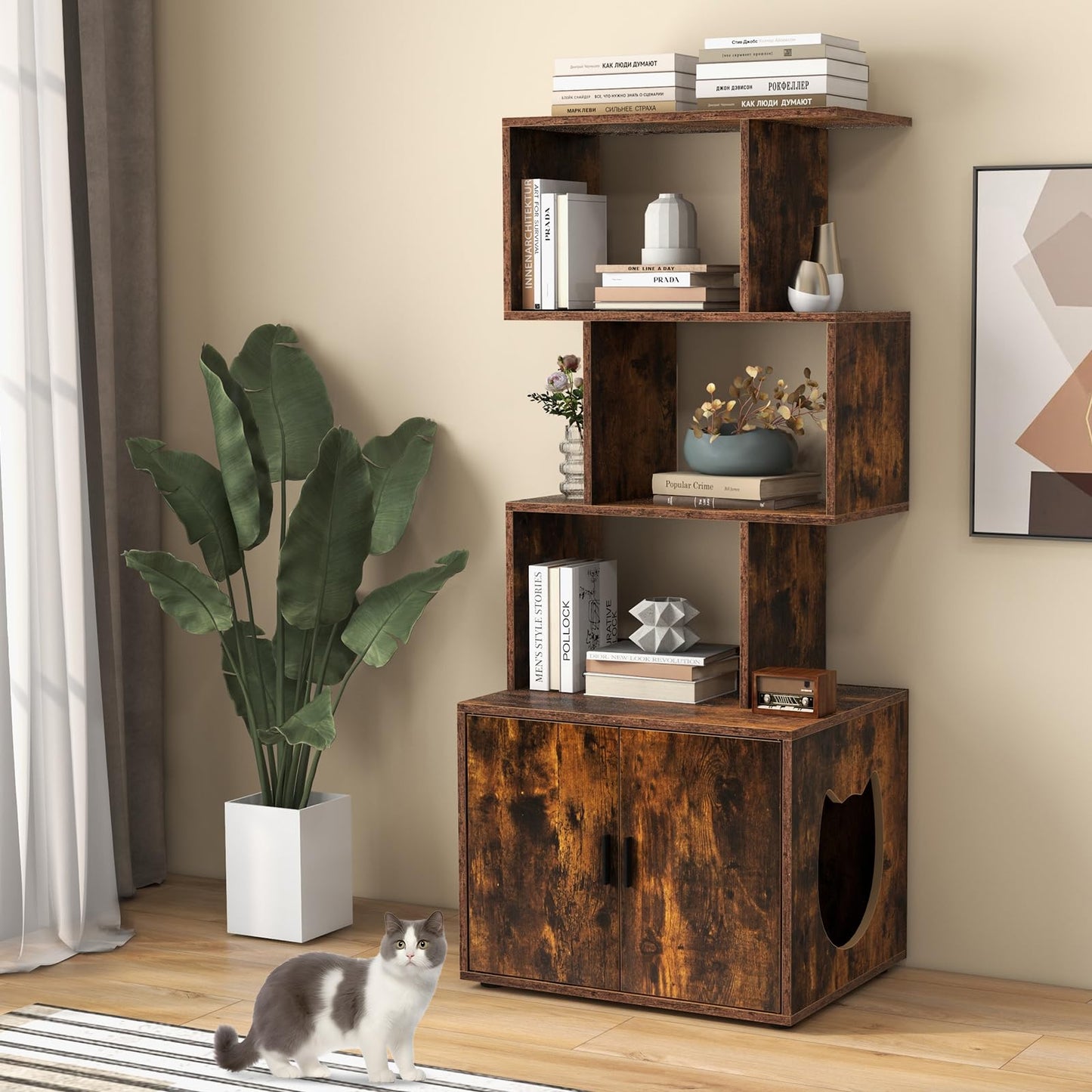 2 in 1 Hidden Cats Washroom Furniture with 3 Storage Shelves