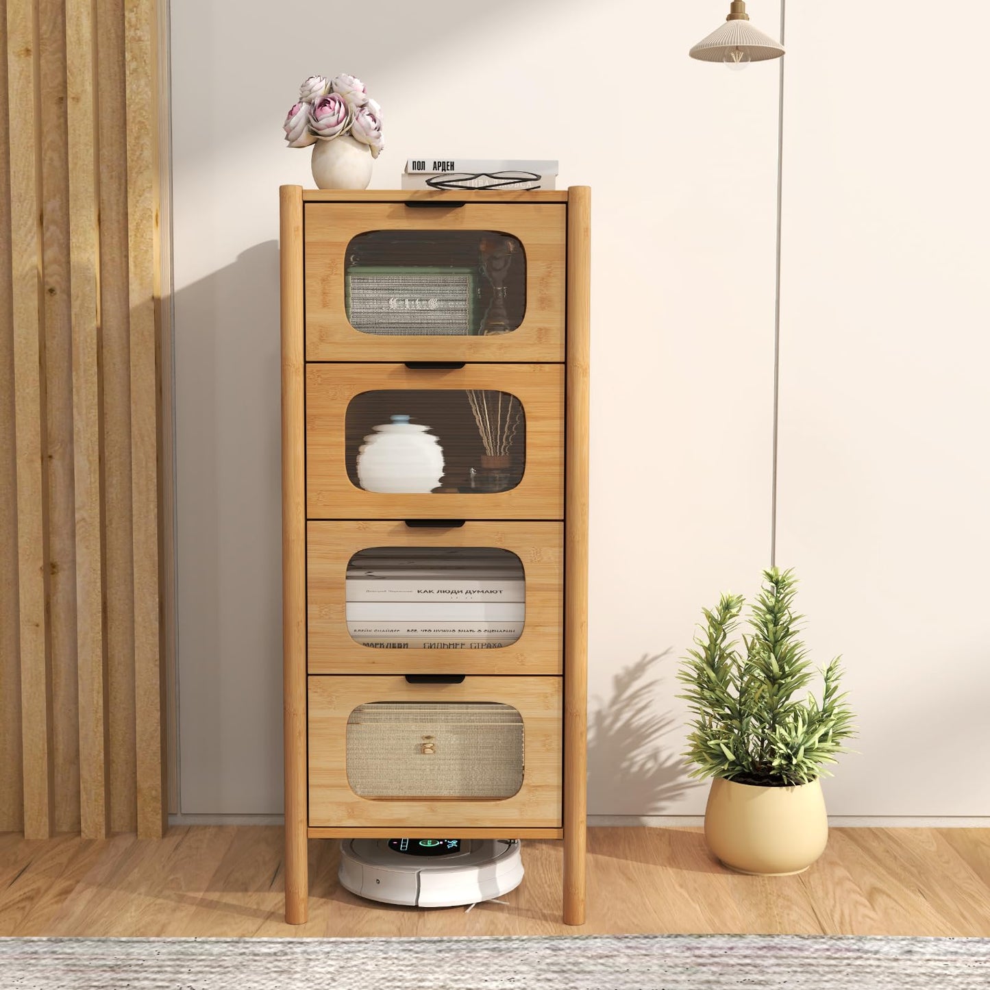 4 Drawer Dresser Bamboo Storage Cabinet with Fluted Tempered Glass Drawers