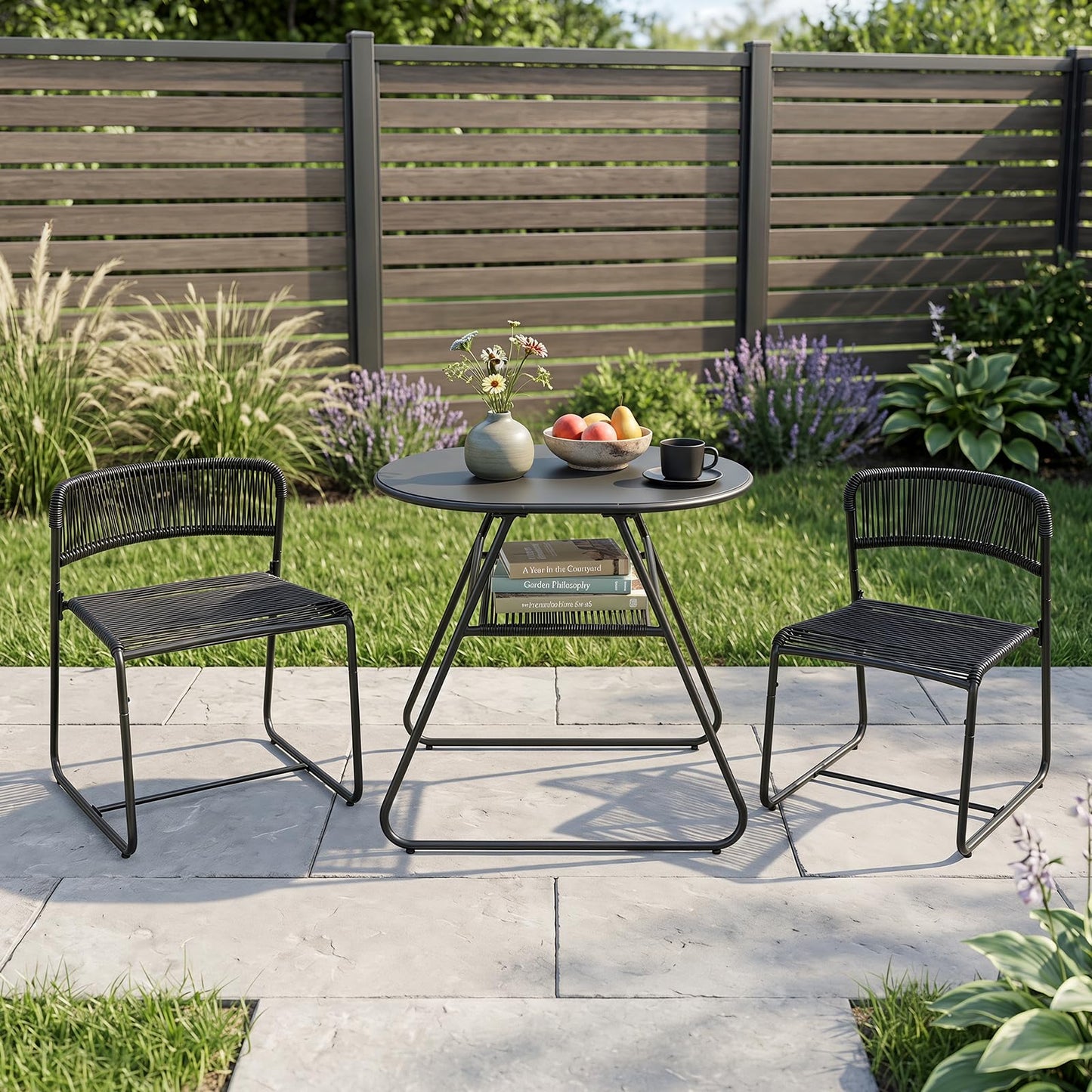 3 Piece Patio Bistro Set, Outdoor Dining Table with 2 Varied-Size Stackable Rattan Chairs & Shelf