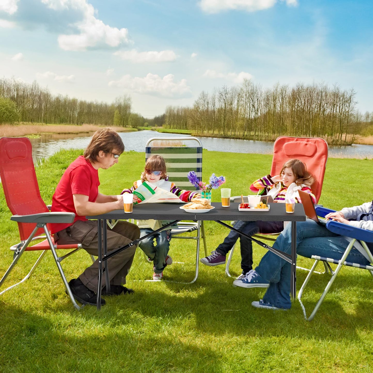 152 x 70 x 74 cm Folding Camping Table with Carrying Handle and HDPE Tabletop