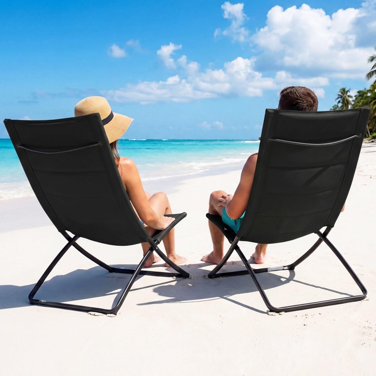 Folding Deck Chairs Set of 2, Outdoor Sling Chair Seaside Sun Lounger