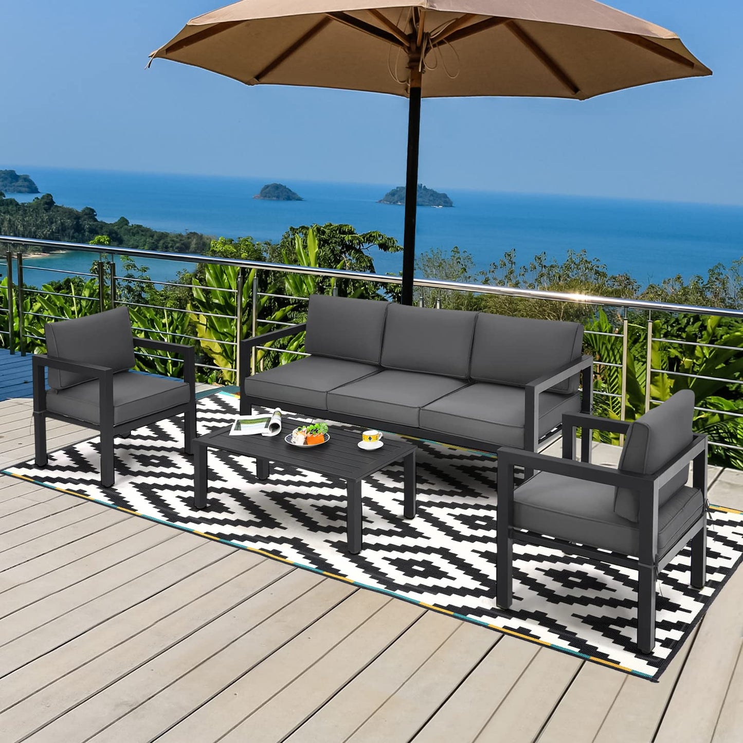 4 Pieces Garden Aluminum Furniture Set with Padded Cushions