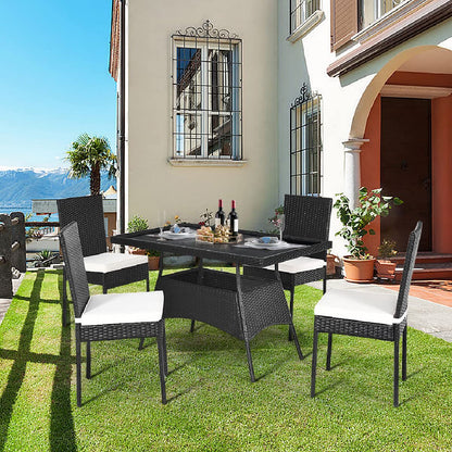 5 pcs Wicker Garden Table and Chairs Set with Tempered Glass Top & Removable Cushions