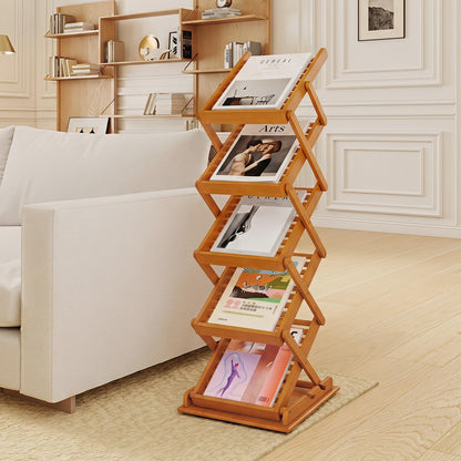 5 Tier Foldable Bamboo Magazine Rack with 2 Adjustable Positions