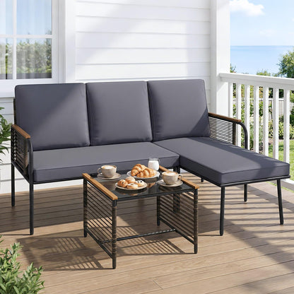 3 Pieces Wicker Furniture Set with Tempered Glass Side Table