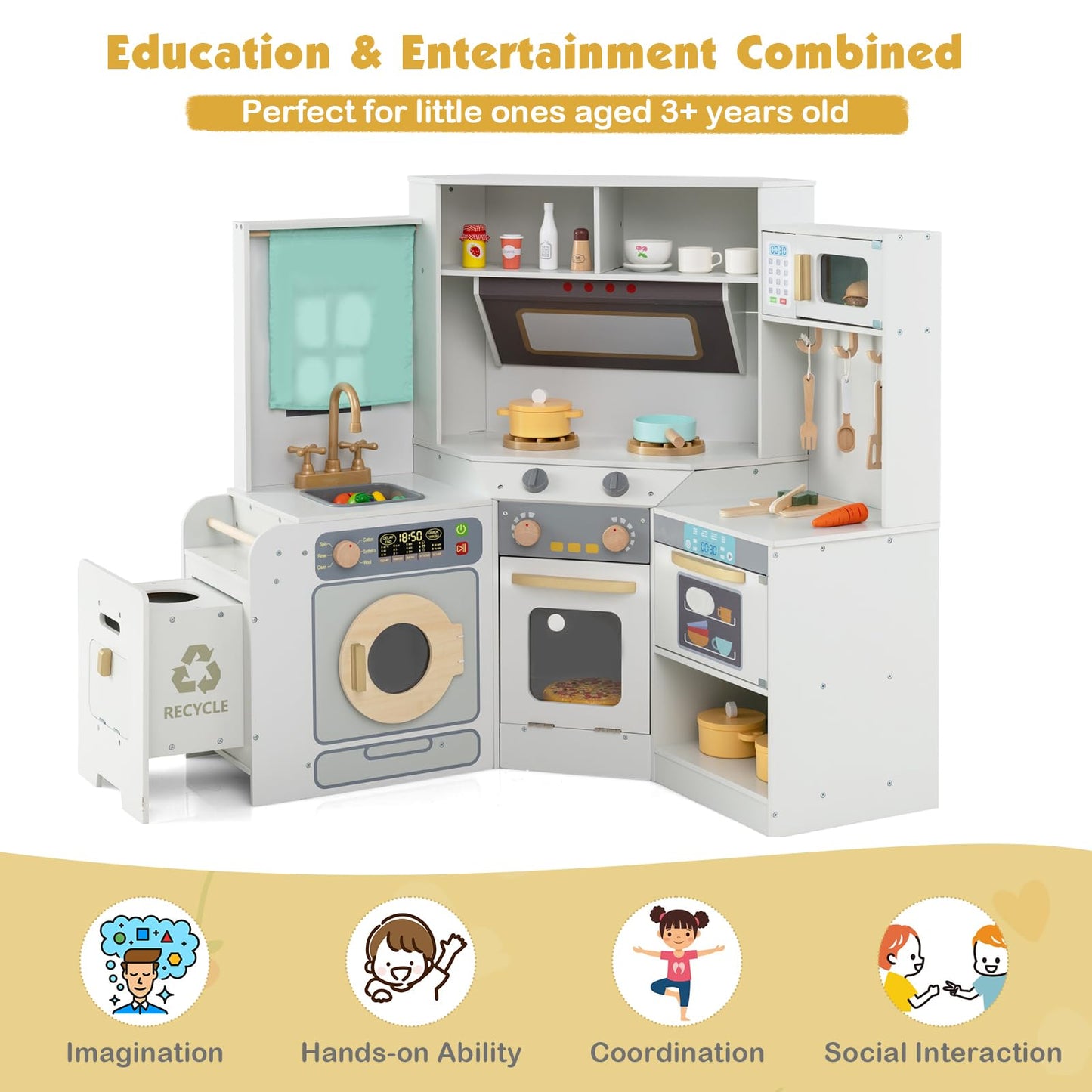 Corner Kitchen Playset with Pull-out Trash Can