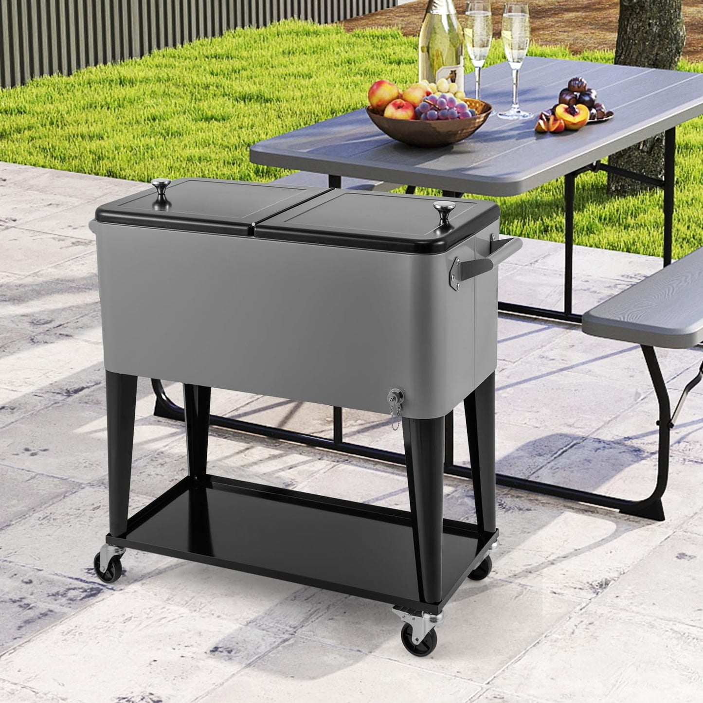 75 L Portable Patio Rolling Ice Chest with Bottom Storage Shelf