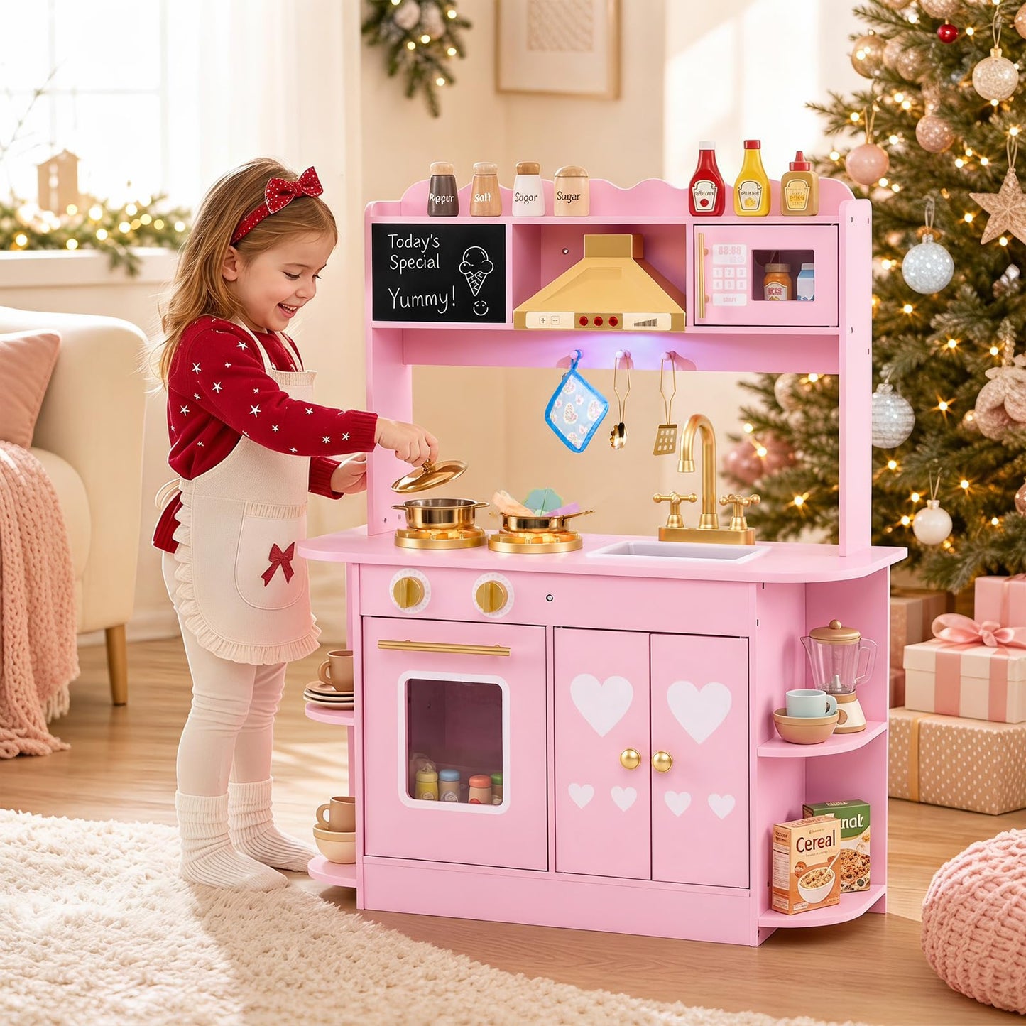Kids Play Kitchen, Wooden Toy Kitchen with Stoves, Range Hood, Oven