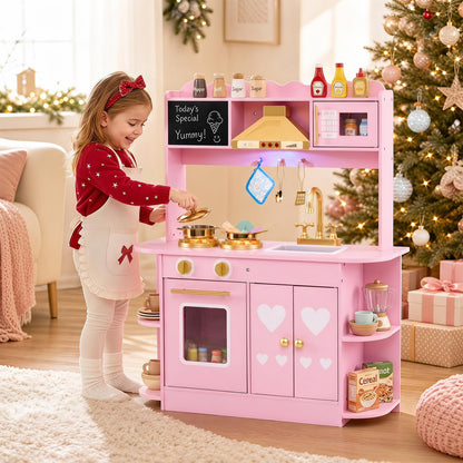 Kids Play Kitchen, Wooden Toy Kitchen with Stoves, Range Hood, Oven