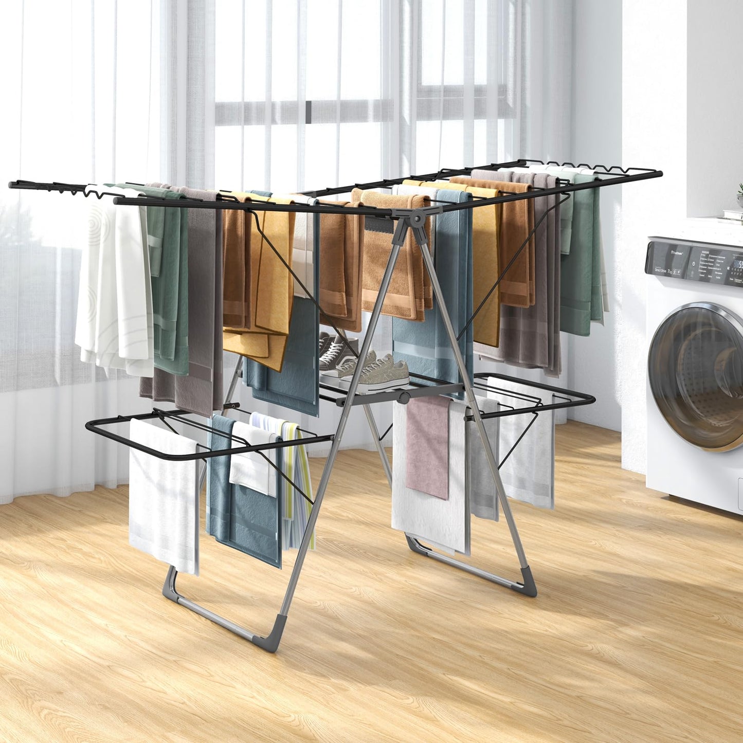 2-Level Foldable Clothes Airer Dryer Horse with Height-Adjustable Wings