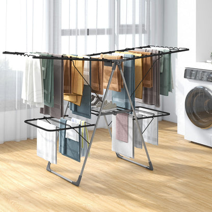 2-Level Foldable Clothes Airer Dryer Horse with Height-Adjustable Wings