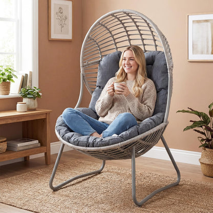 PE Wicker Egg Chair with Removable Seat and Back Cushion for Indoor Outdoor