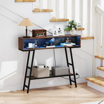 Console Table with LED Lights and Charging Station, 3-Tier Narrow Entryway Table with Storage Shelves