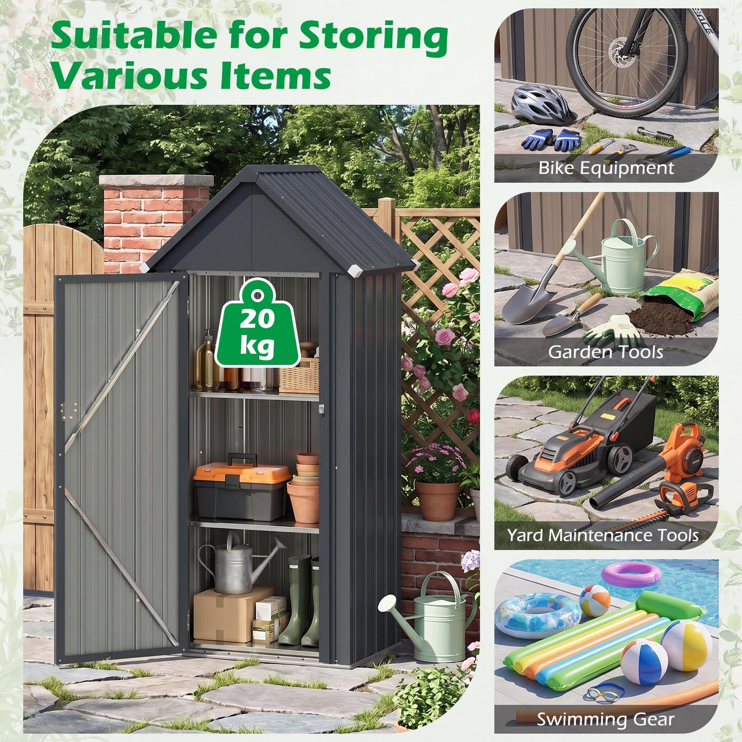 3 x 2FT Metal Garden Storage Shed with 3 Adjustable Shelves