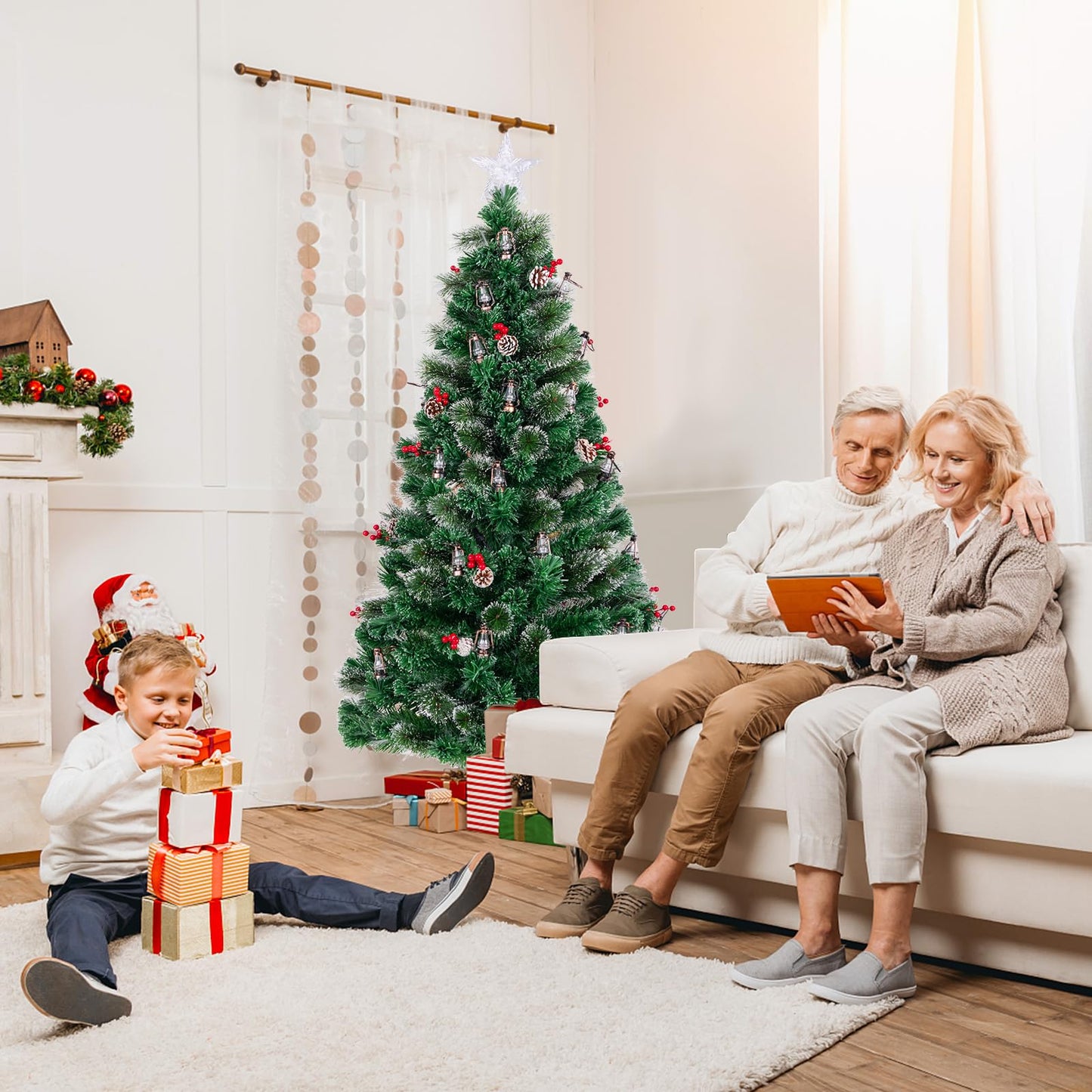 150/180CM Artificial Christmas Tree with 8 Lighting Modes and Optical Fibers