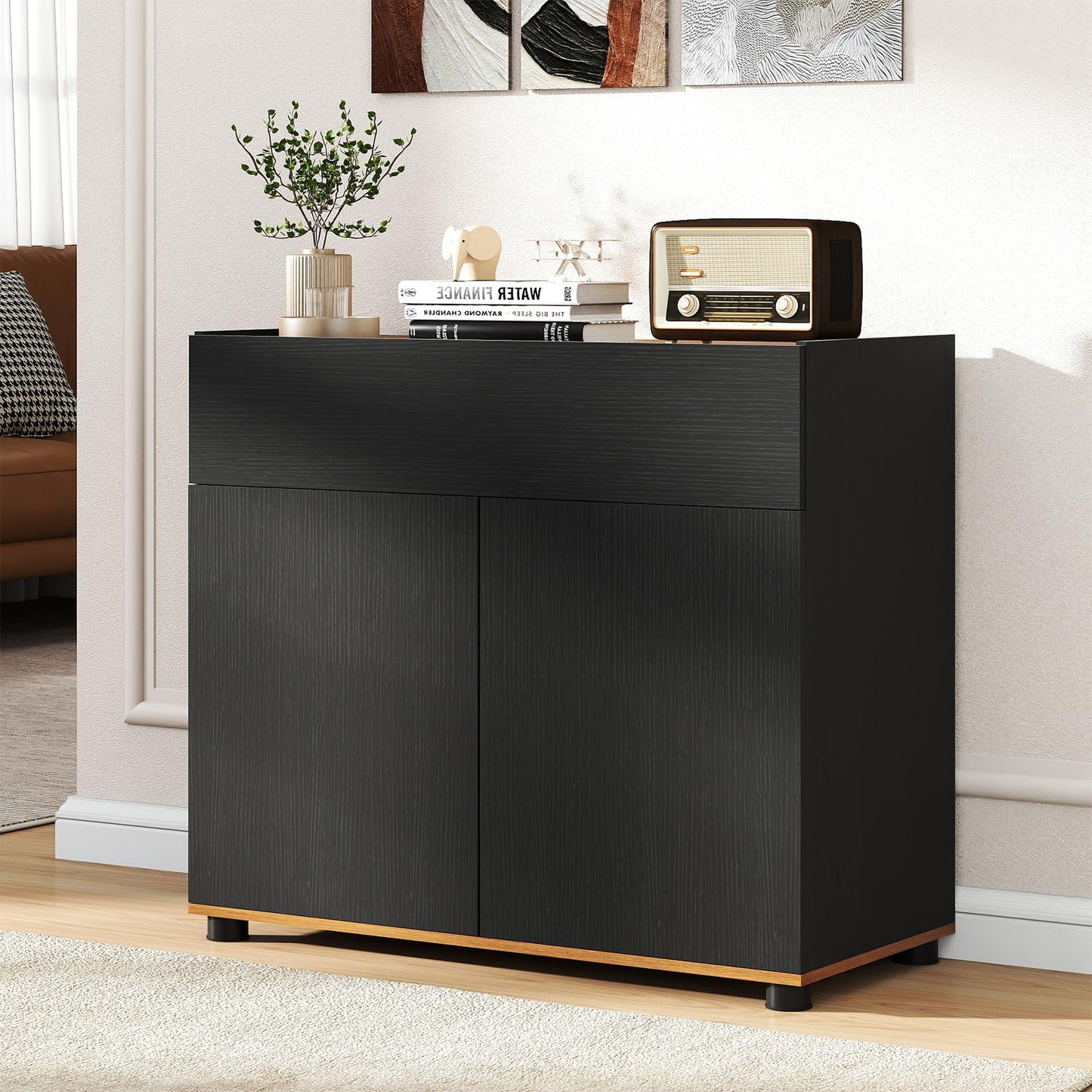 Storage Cabinet, 2 Door Buffet Sideboard with Push-to-Open Design, Drawer & 2 Anti-tipping Devices