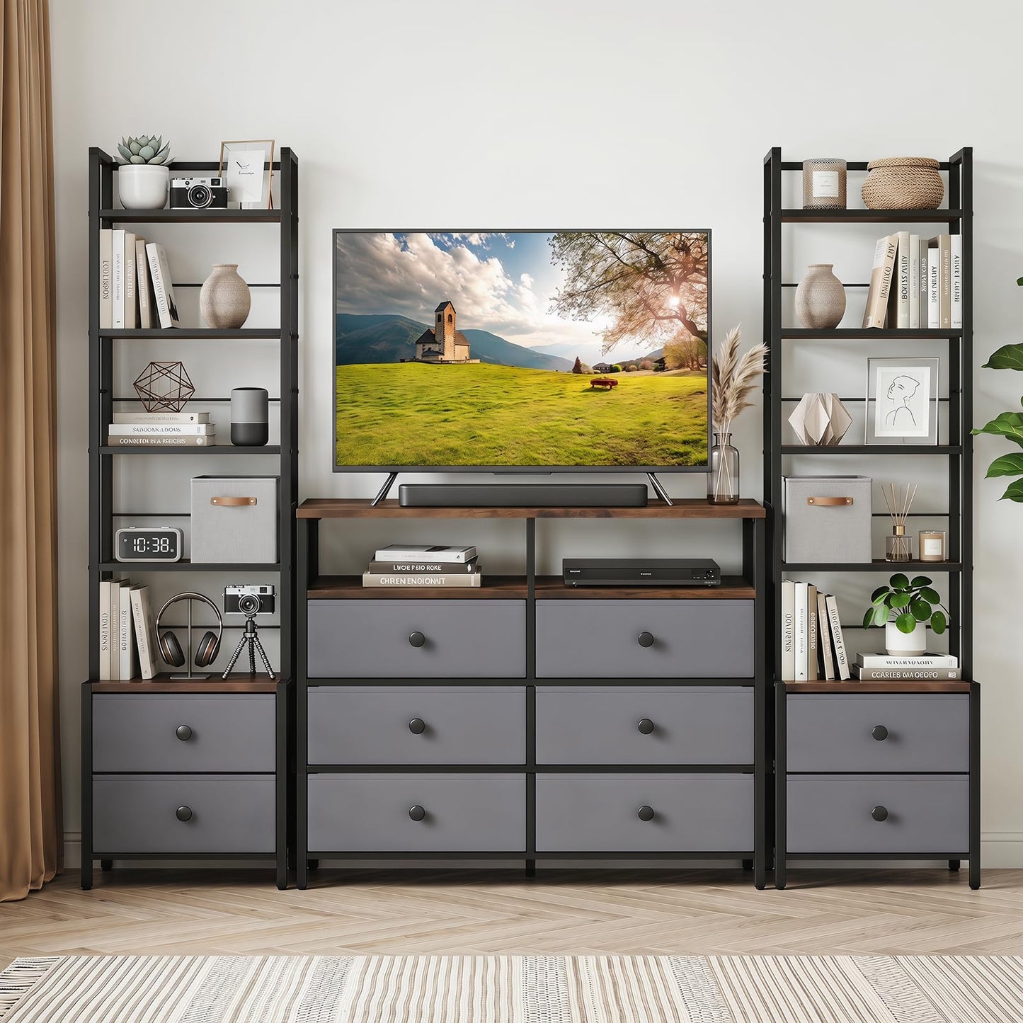 CD Storage Rack with Drawers, 5-Tier DVD Shelf Unit Vinyl Holder