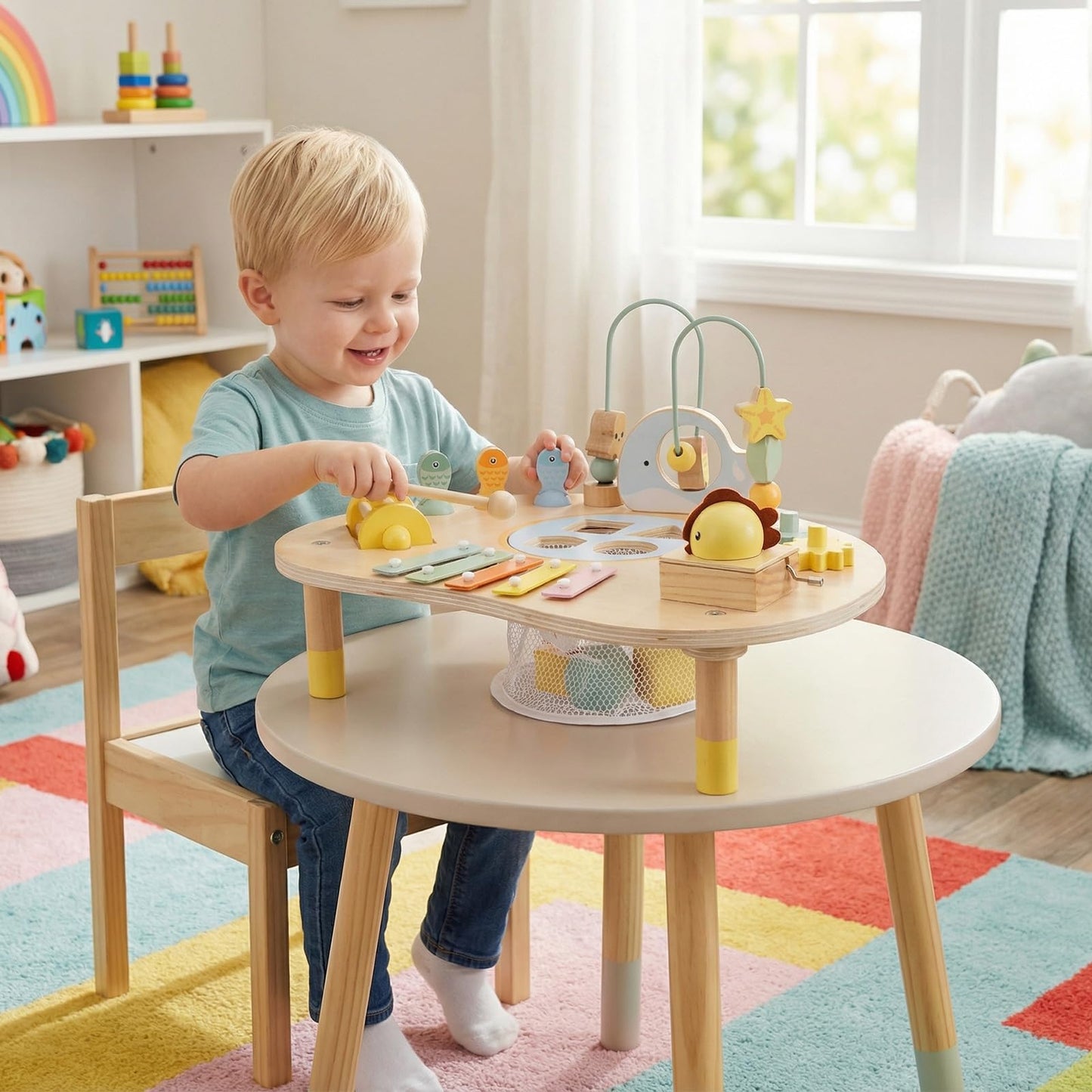 Activity Table for 1+ Year Old, 7-in-1 Wooden Montessori Toy Busy Board