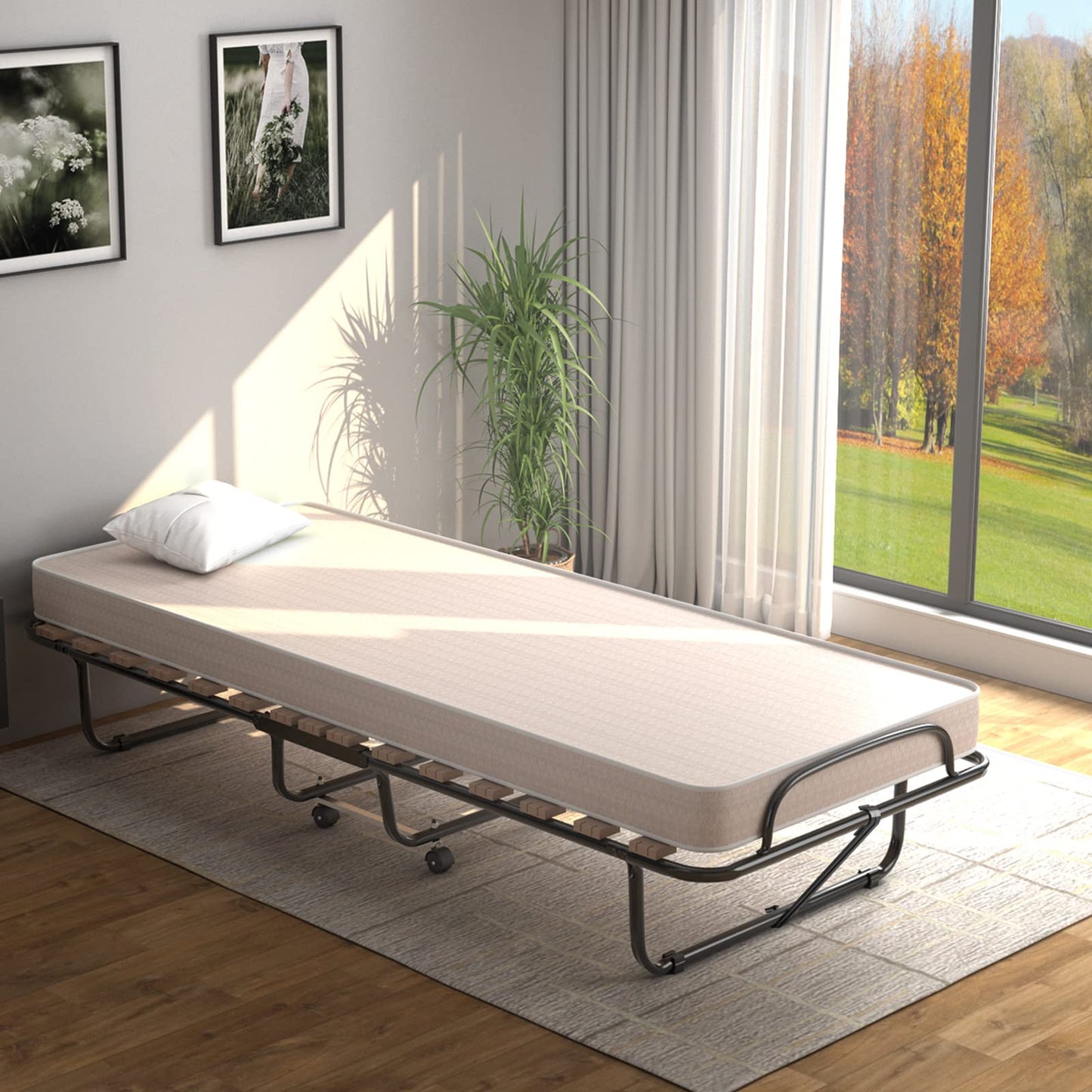 Rollaway Folding Bed with Memory Foam Mattress Guest Bed with Wheels