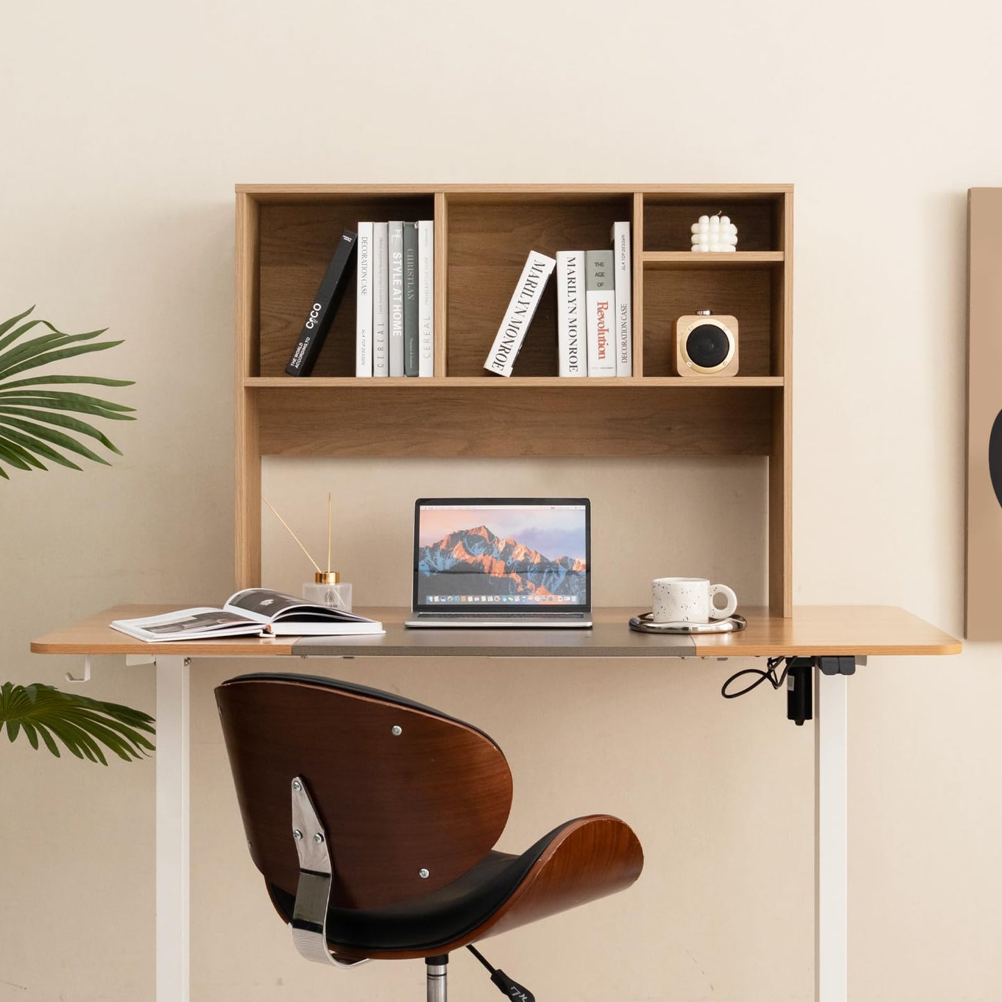 Computer Desktop Bookcase with 4 Cubbies and Open Back Compartment
