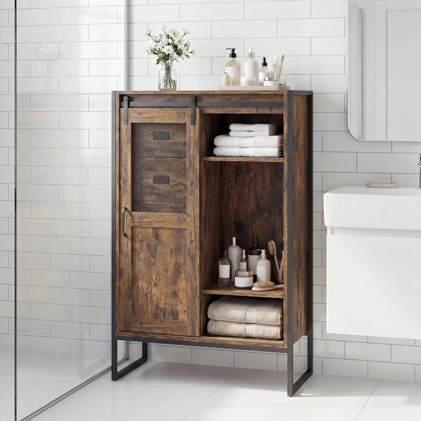 Storage Cabinet with Sliding Door & 5 Drawers