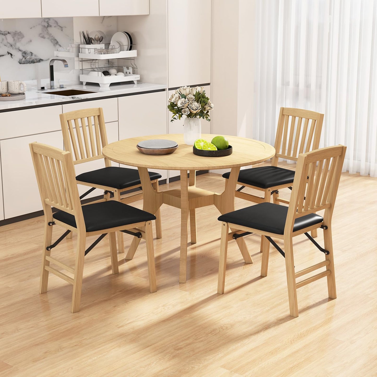 Folding Dining Chair Set of 2 with Rubber Wood Frame and Padded Seat