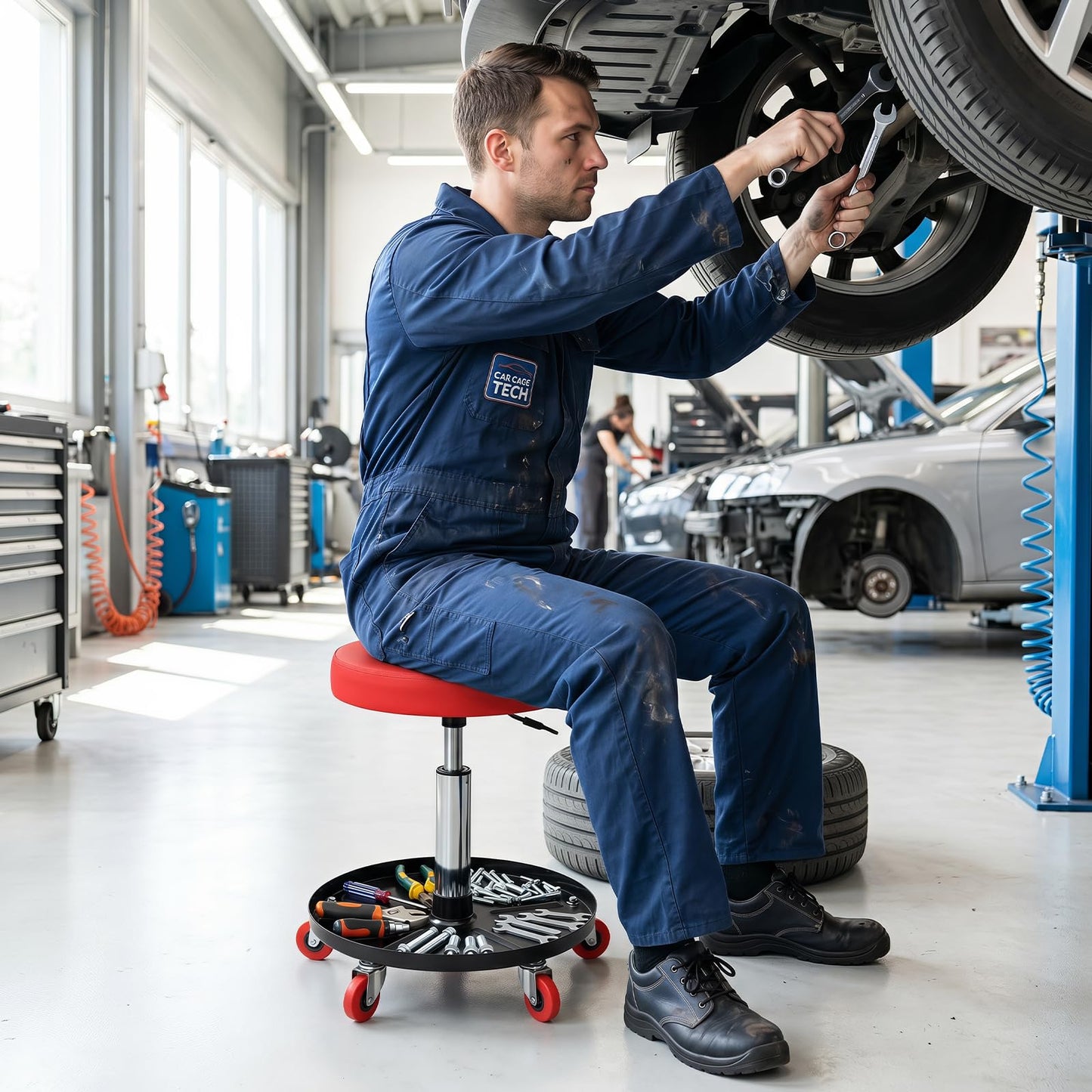 Pneumatic Rolling Mechanic Stool with Tool Tray & Adjustable Height