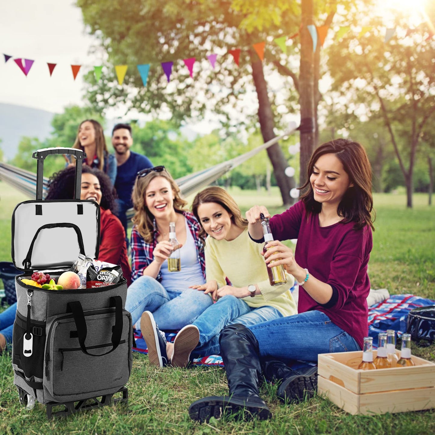 50-Can Large Rolling Cooler with Adjustable Handle and Bottom Plate