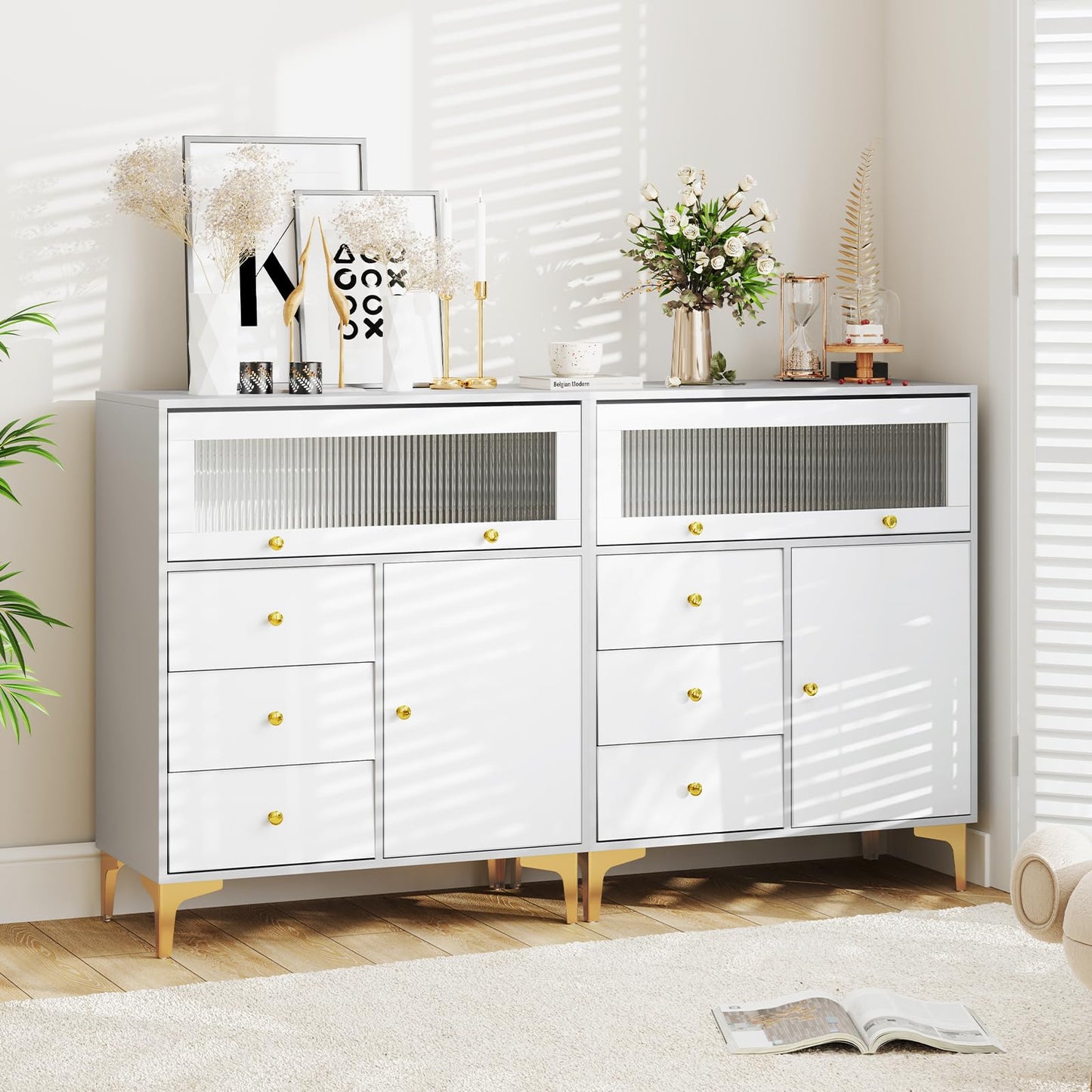 Giantex Wooden Chest of Drawers 3-Drawer Dresser Storage Cabinet with Flip Up Fluted Glass Door & Adjustable Shelf