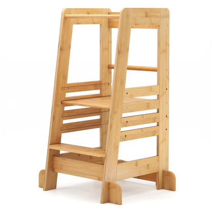 Bamboo Kids Step Stool with Height Adjustable Platform and Safety Rail