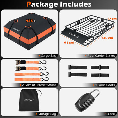 Roof Rack Cargo Basket with 425L Waterproof Bag and 90kg Max Load