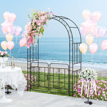 Garden Arbor with Gate and Multiple Side Crossbars for Decoration